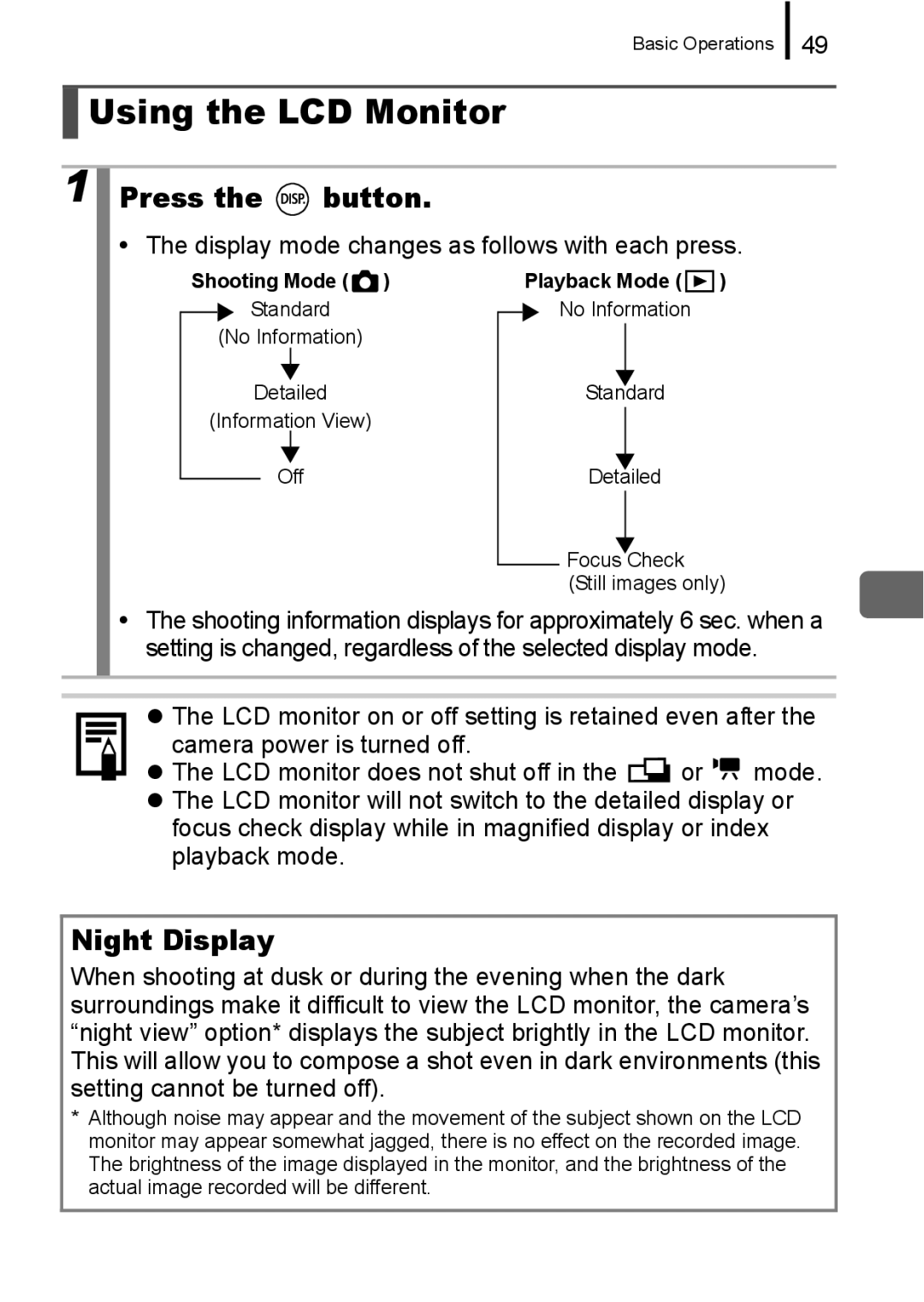 Canon A650 IS appendix Using the LCD Monitor, Night Display, Display mode changes as follows with each press 