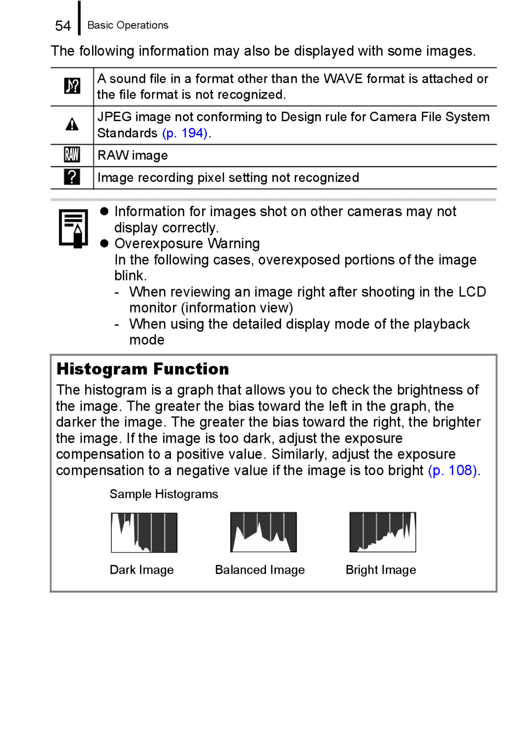 Canon A650 IS appendix Histogram Function, Following information may also be displayed with some images 