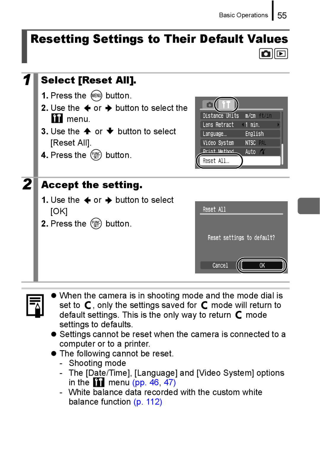 Canon A650 IS appendix Resetting Settings to Their Default Values, Select Reset All, Accept the setting 