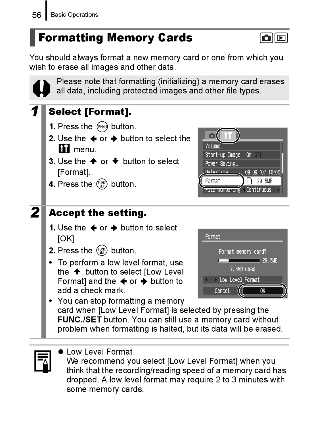 Canon A650 IS appendix Formatting Memory Cards, Select Format 