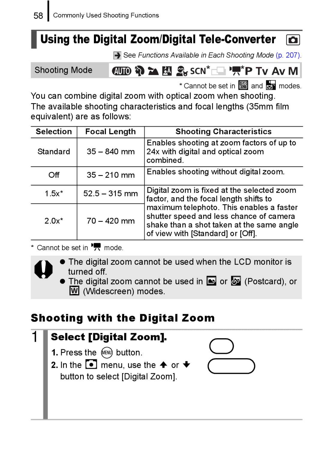 Canon A650 IS appendix Shooting with the Digital Zoom, Select Digital Zoom, Focal Length Shooting Characteristics 