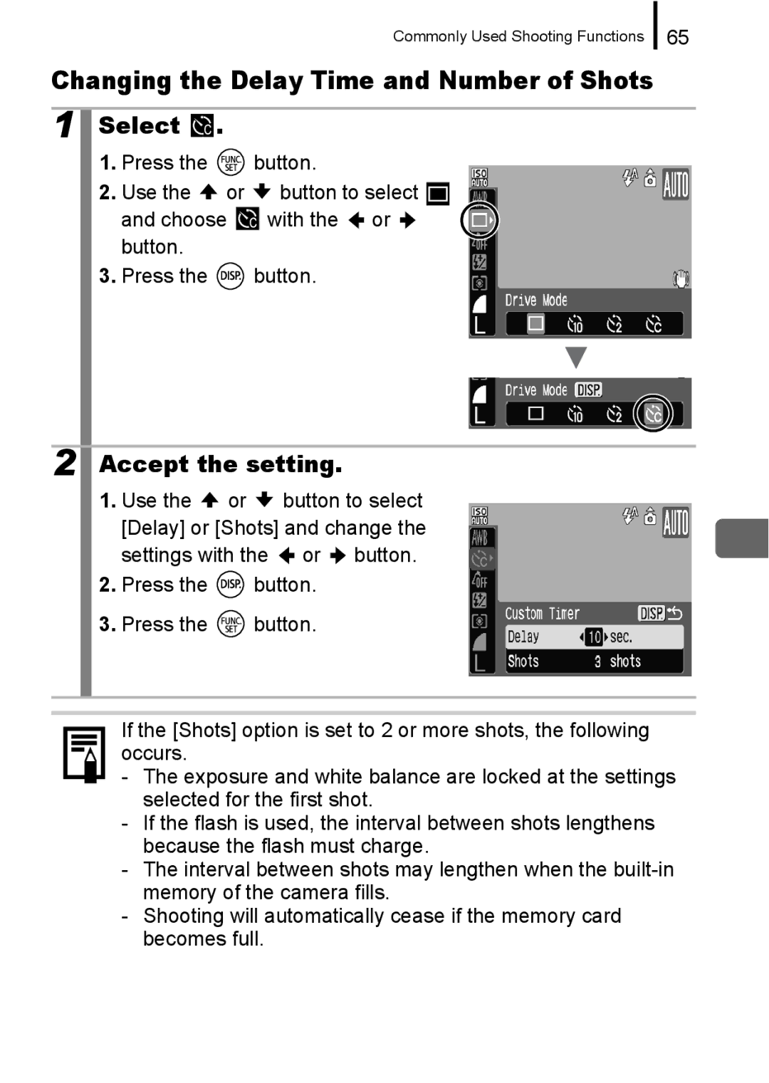 Canon A650 IS appendix Changing the Delay Time and Number of Shots, Select 