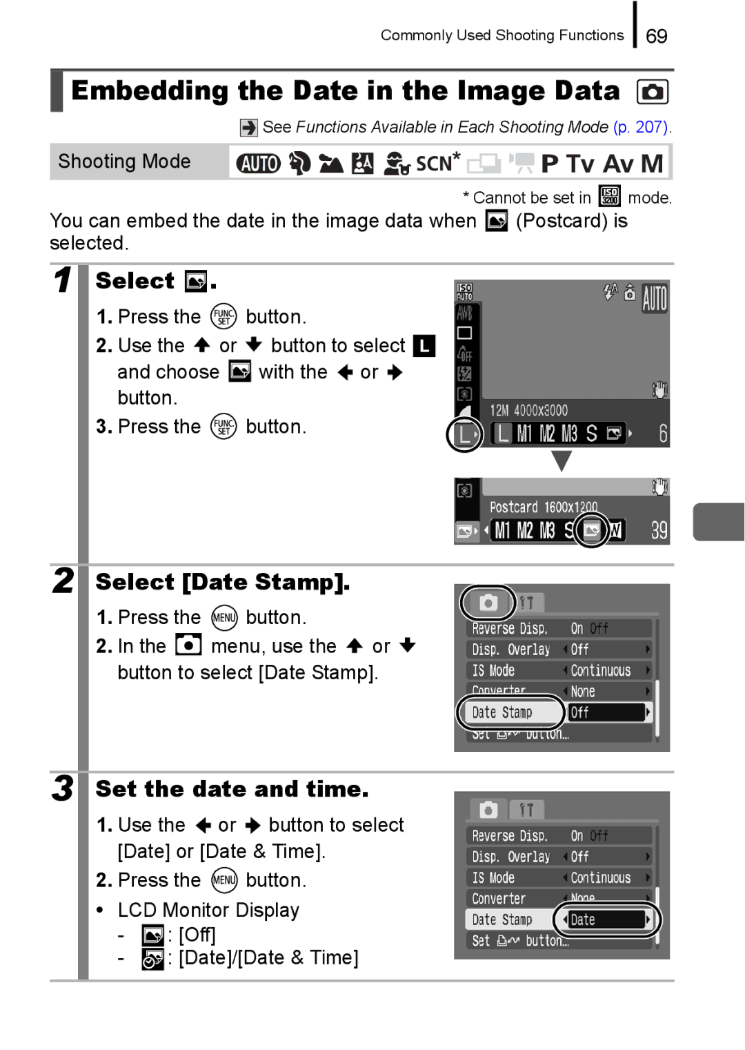 Canon A650 IS appendix Embedding the Date in the Image Data, Select Date Stamp, Set the date and time 