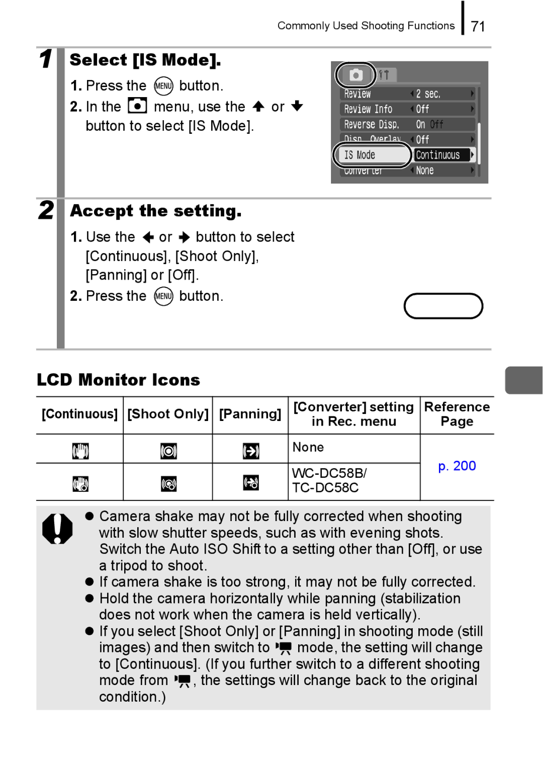 Canon A650 IS appendix Select is Mode, LCD Monitor Icons, Press the button Menu, use the or button to select is Mode 