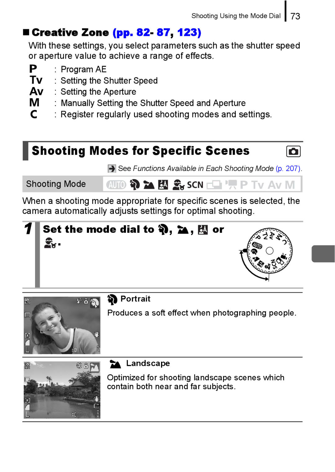 Canon A650 IS Shooting Modes for Specific Scenes, „ Creative Zone pp 87, Set the mode dial to , , or, Portrait, Landscape 