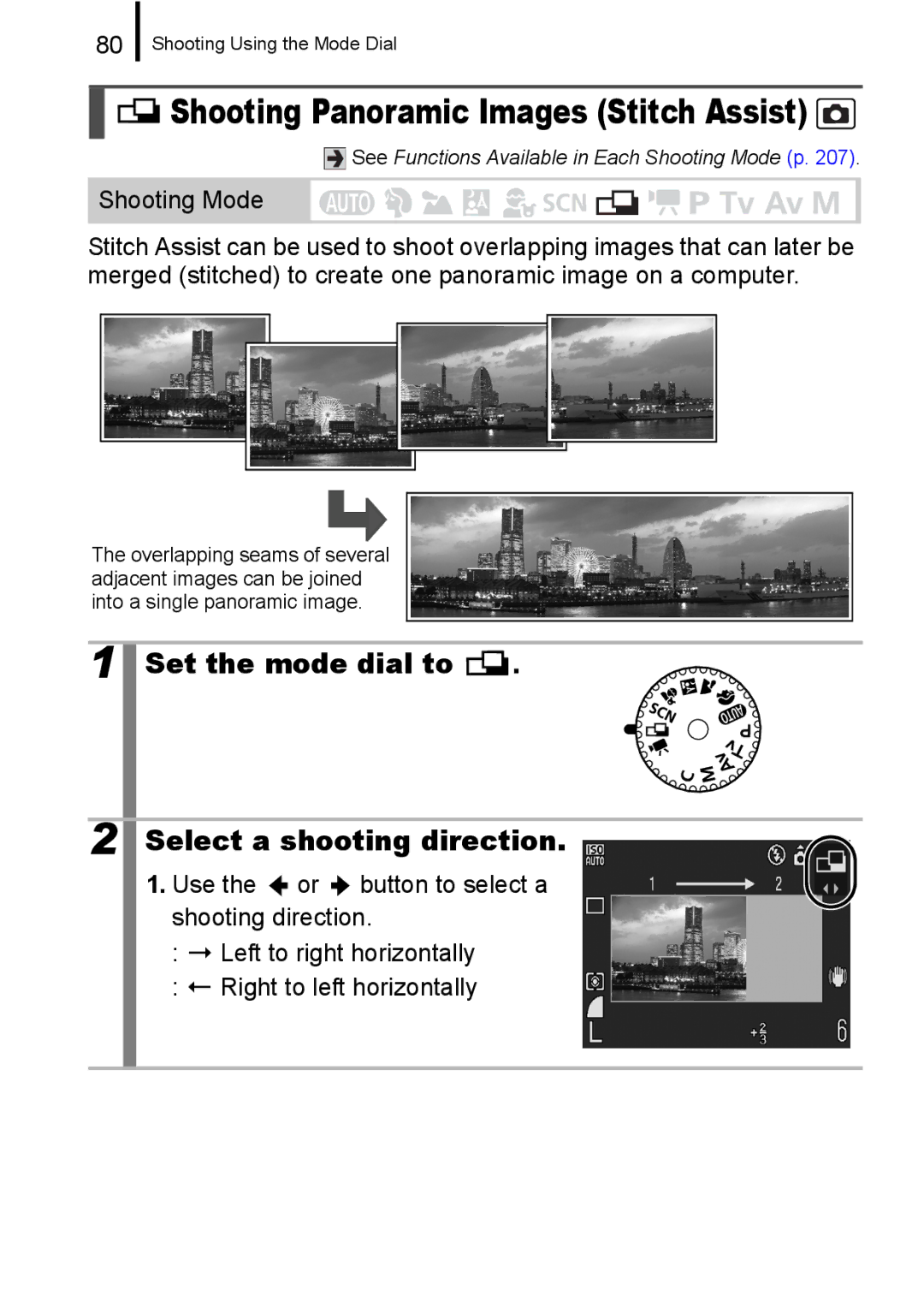Canon A650 IS appendix Shooting Panoramic Images Stitch Assist, Set the mode dial to Select a shooting direction 