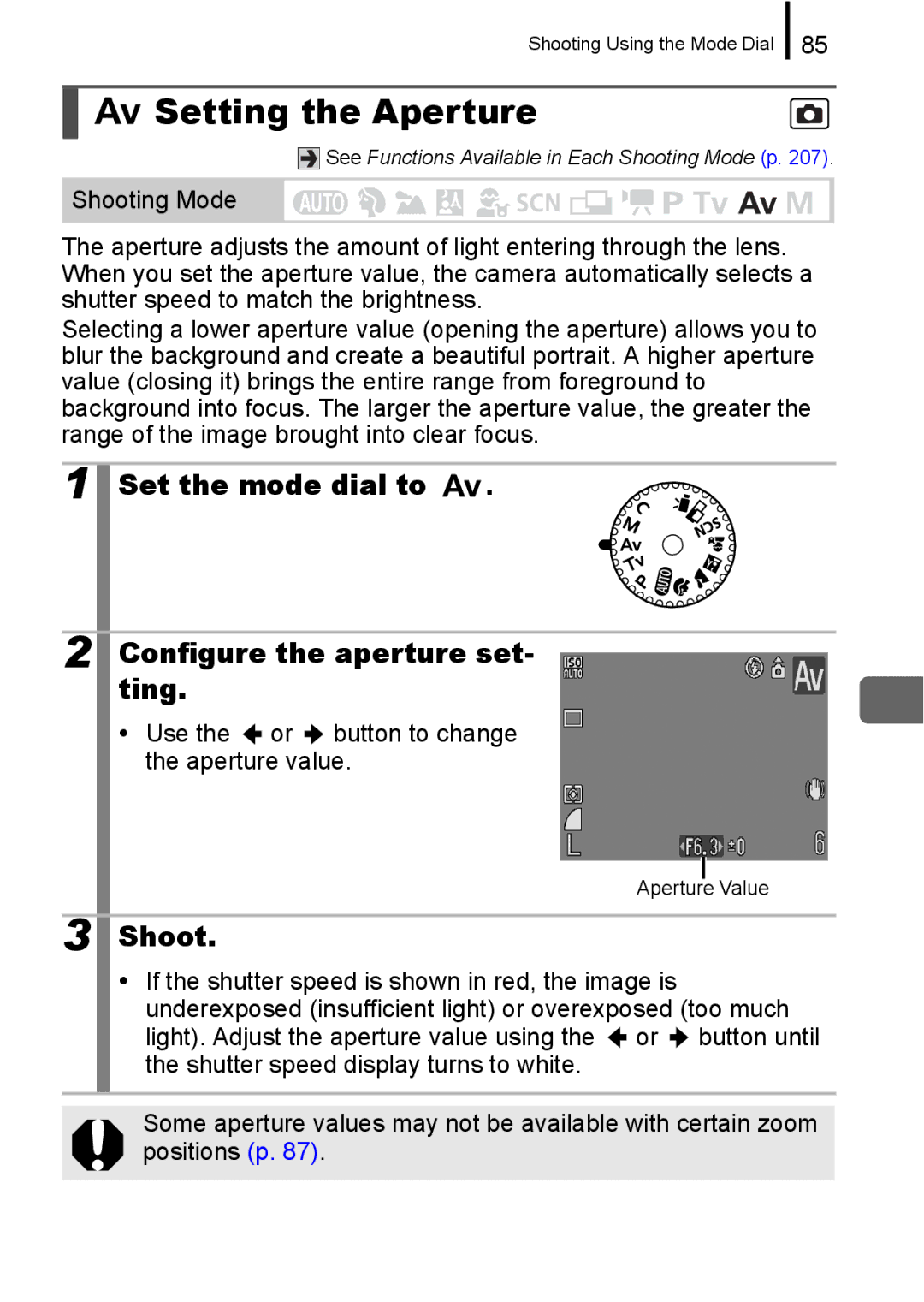 Canon A650 IS Setting the Aperture, Configure the aperture set, Ting, Use the or button to change the aperture value 