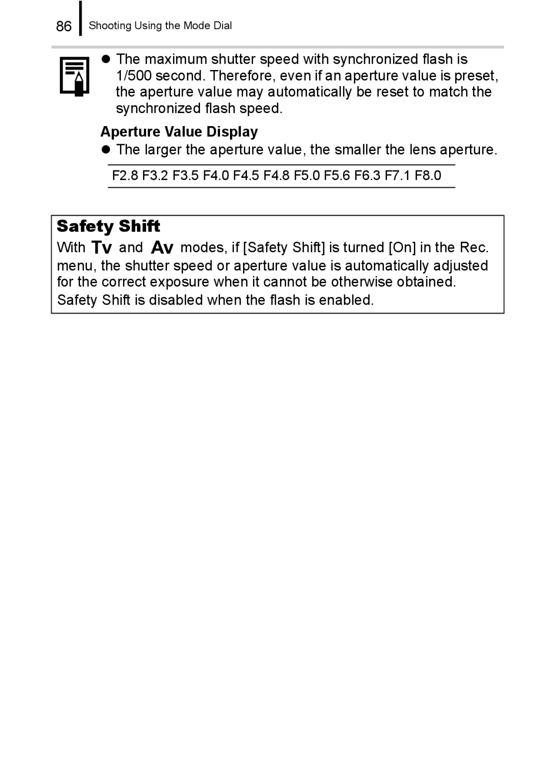 Canon A650 IS appendix Safety Shift, Aperture Value Display, Larger the aperture value, the smaller the lens aperture 