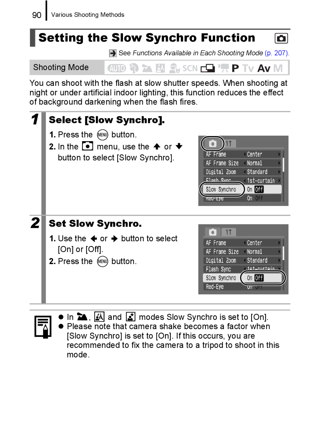 Canon A650 IS appendix Setting the Slow Synchro Function, Select Slow Synchro, Set Slow Synchro 