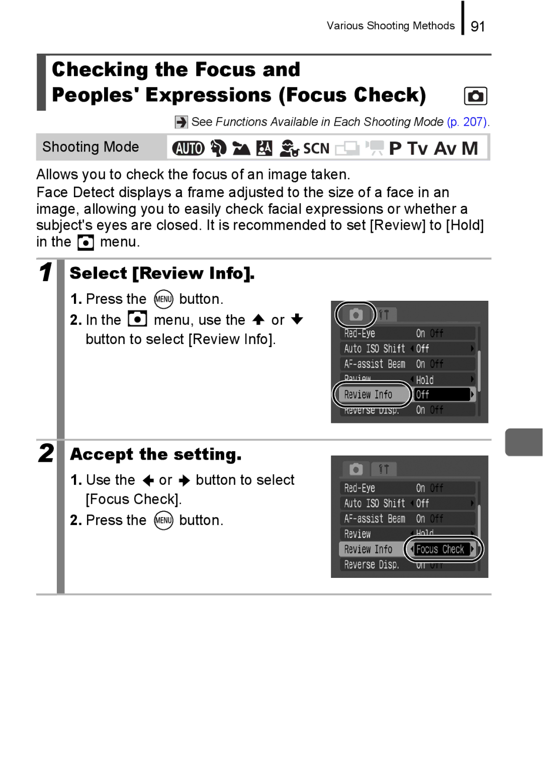 Canon A650 IS appendix Checking the Focus Peoples Expressions Focus Check, Select Review Info 