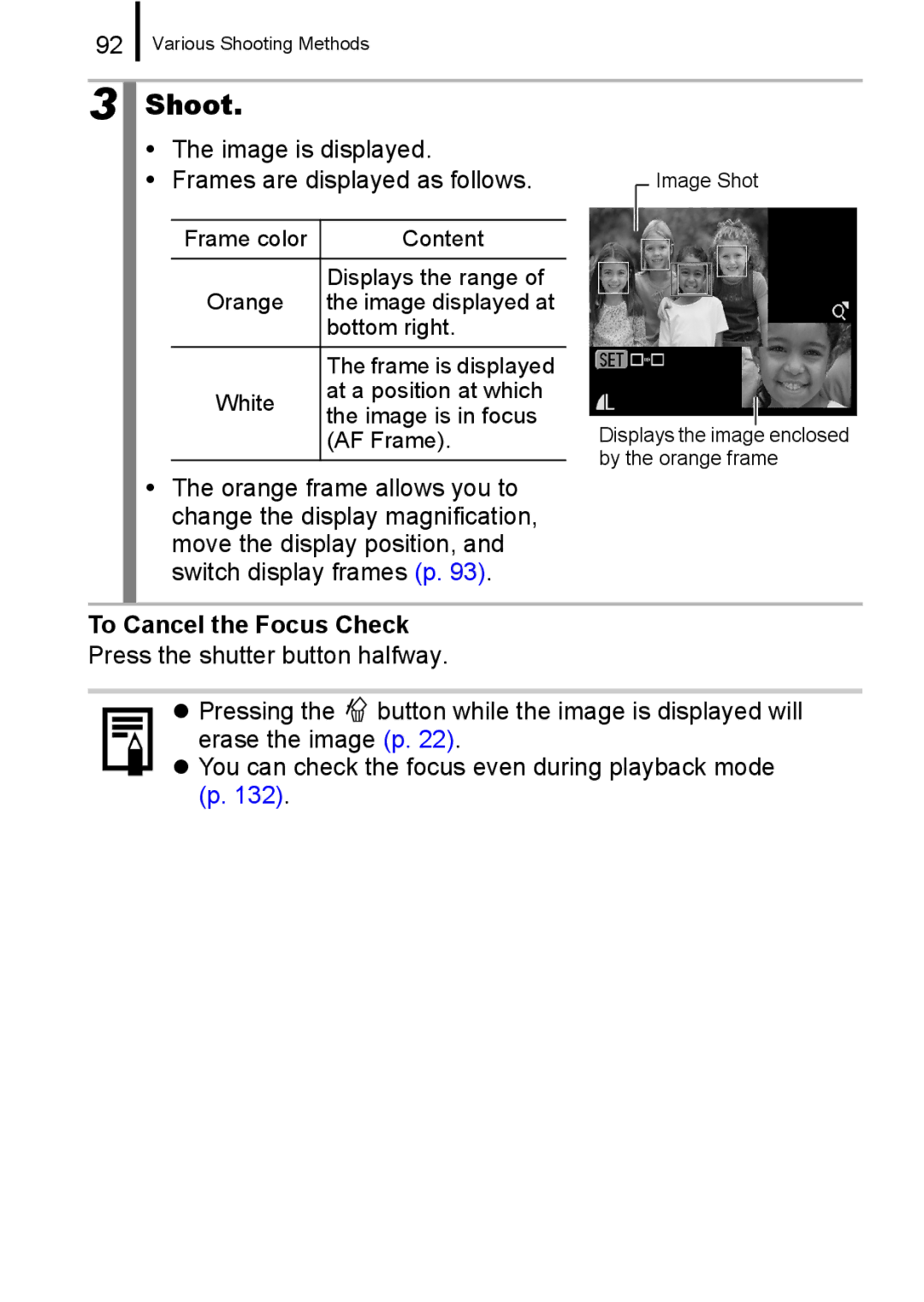 Canon A650 IS appendix Image is displayed Frames are displayed as follows, To Cancel the Focus Check 