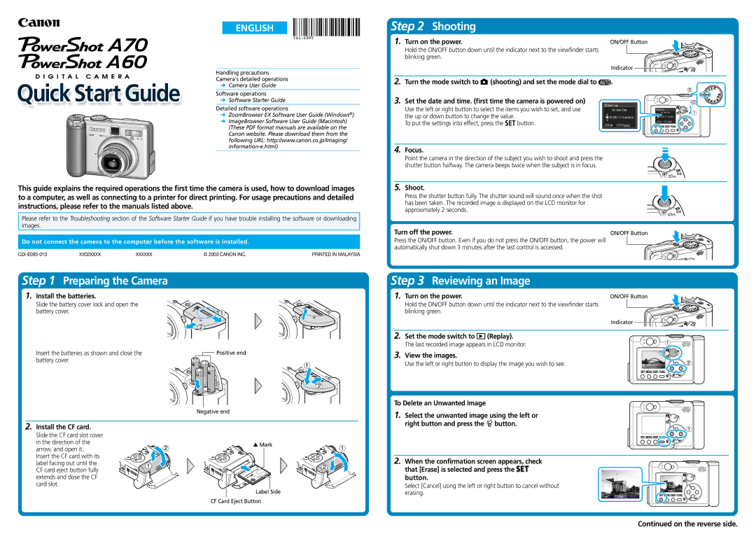 Canon A70 manual Preparing the Camera, Shooting, Reviewing an Image 