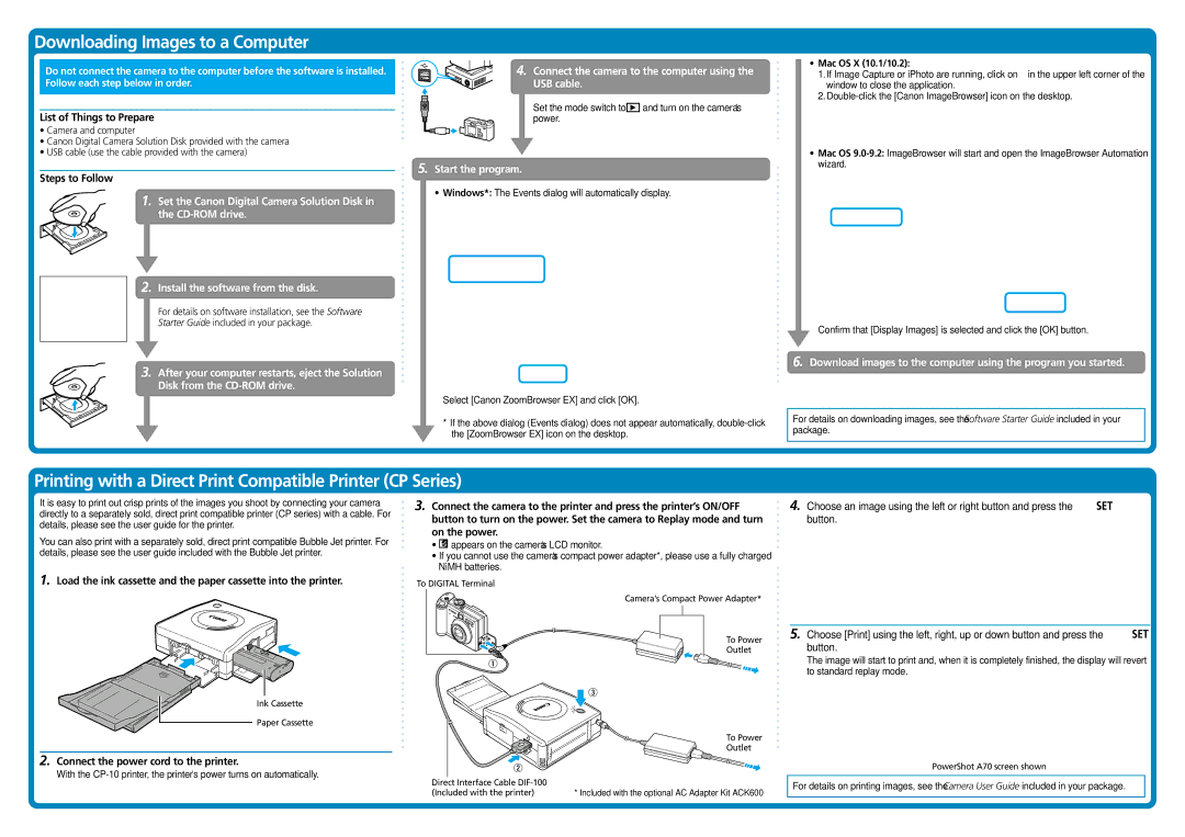 Canon A70 Downloading Images to a Computer, Printing with a Direct Print Compatible Printer CP Series, Steps to Follow 