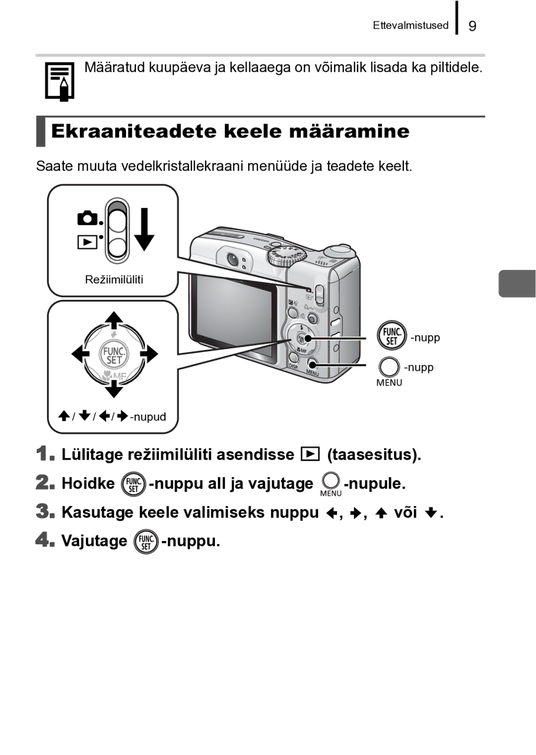 Canon A720 IS manual Ekraaniteadete keele määramine 