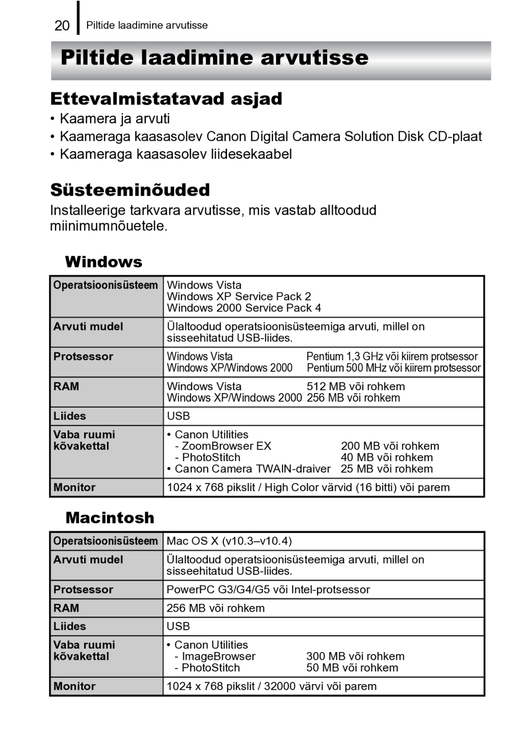 Canon A720 IS manual Piltide laadimine arvutisse, „ Windows, „ Macintosh 