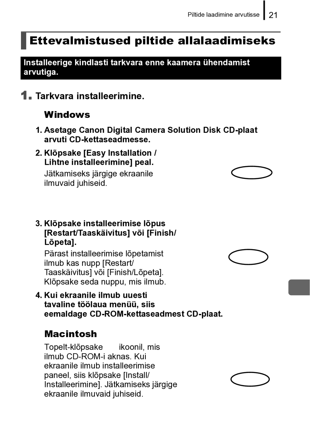 Canon A720 IS manual Ettevalmistused piltide allalaadimiseks, Tarkvara installeerimine „ Windows 