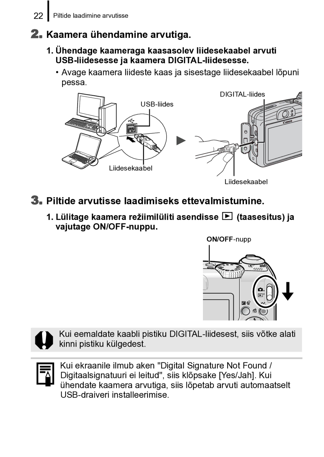 Canon A720 IS manual Kaamera ühendamine arvutiga, Piltide arvutisse laadimiseks ettevalmistumine 