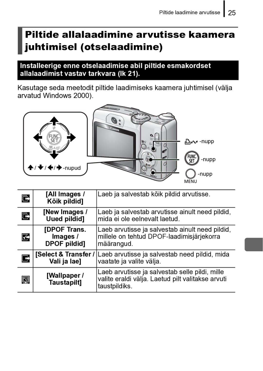 Canon A720 IS manual All Images, New Images, Dpof Trans, Vali ja lae, Wallpaper, Taustapilt 