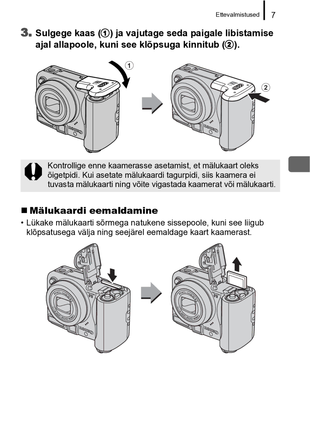 Canon A720 IS manual „ Mälukaardi eemaldamine 