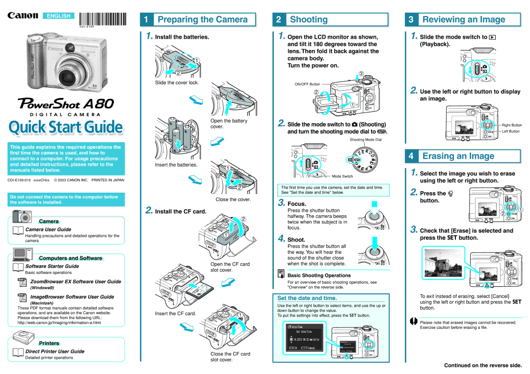 Canon A80 manual Preparing the Camera, Shooting, Reviewing an Image, Erasing an Image 