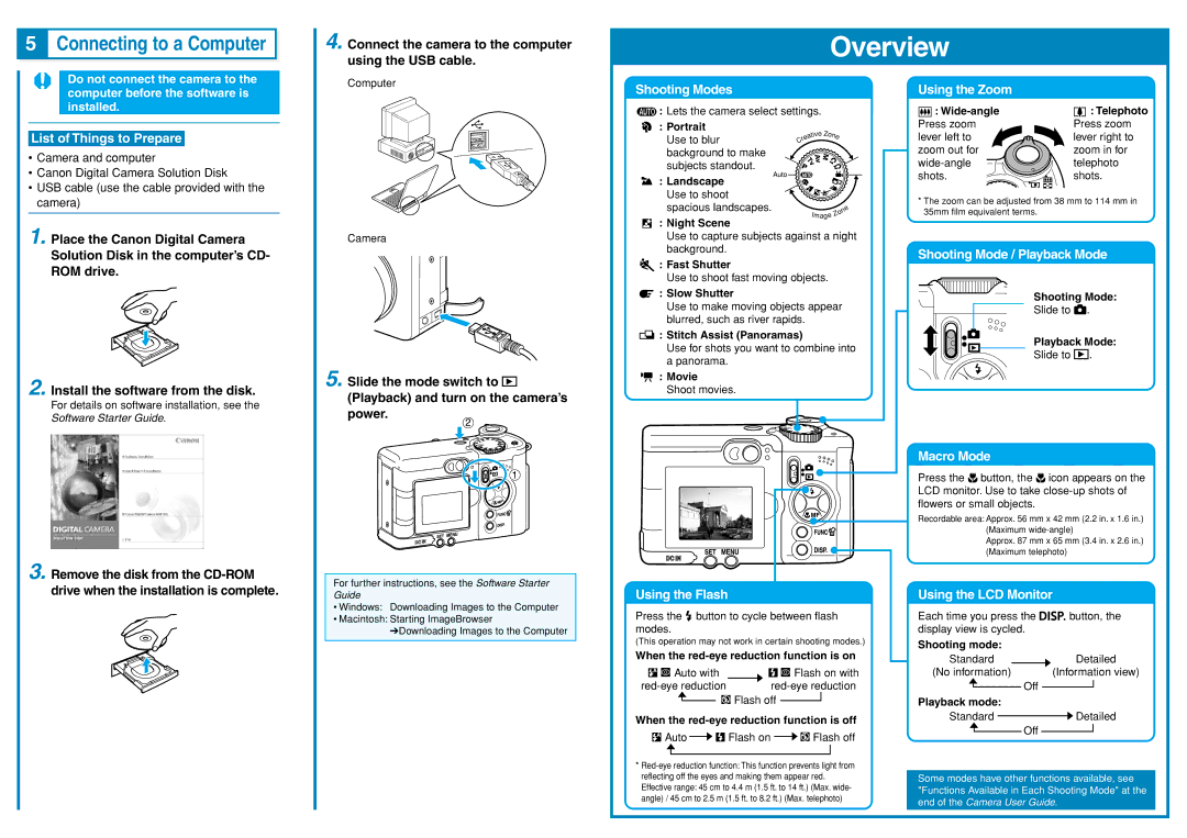 Canon A80 manual Shooting Modes, Using the Zoom, List of Things to Prepare, Using the Flash, Shooting Mode / Playback Mode 