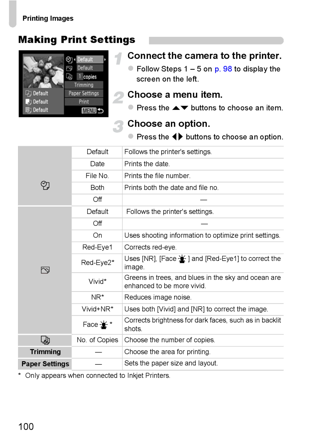 Canon A800 manual Making Print Settings, Choose a menu item 