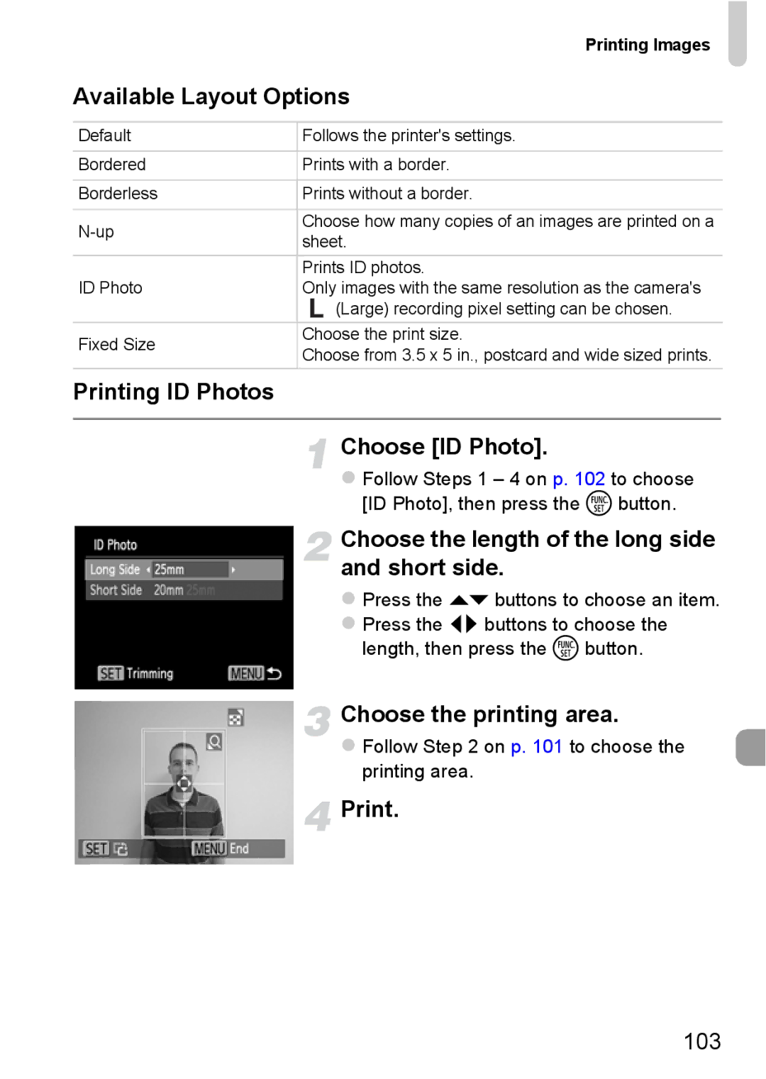 Canon A800 Available Layout Options, Printing ID Photos Choose ID Photo, Choose the length of the long side and short side 