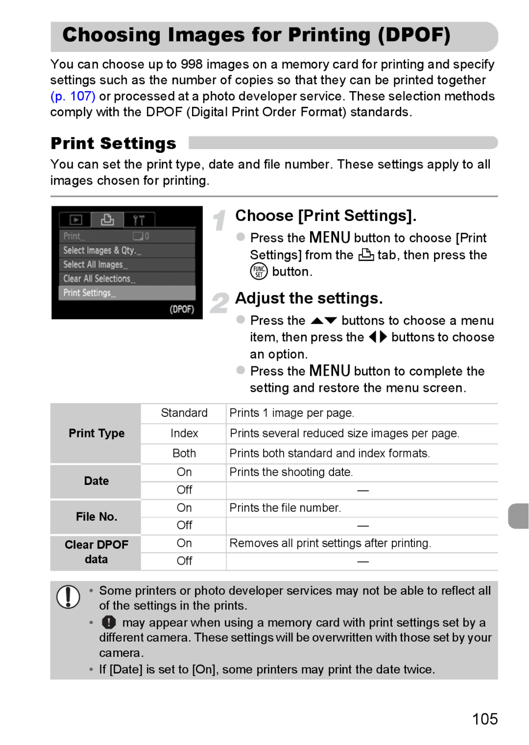 Canon A800 manual Choosing Images for Printing Dpof, Choose Print Settings, Adjust the settings 