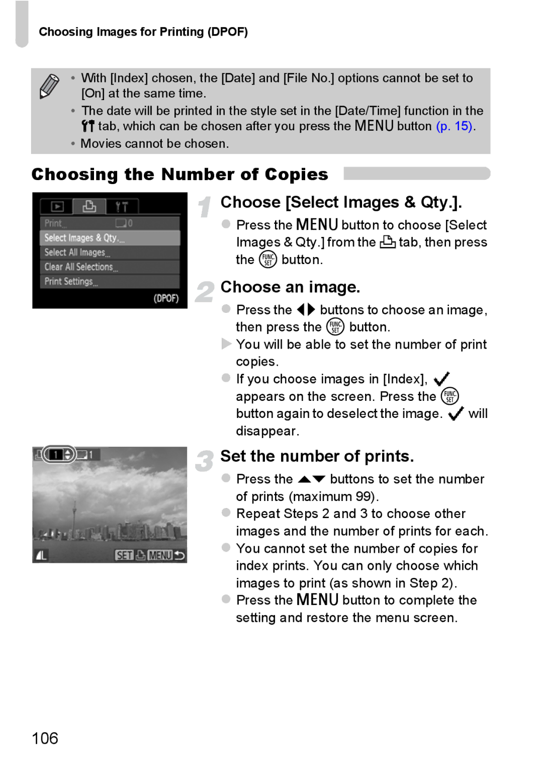 Canon A800 manual Choosing the Number of Copies, Choose Select Images & Qty, Set the number of prints 