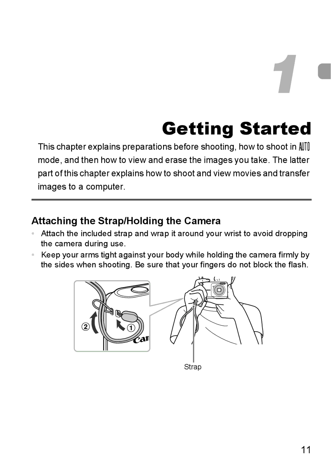 Canon A800 manual Getting Started, Attaching the Strap/Holding the Camera 