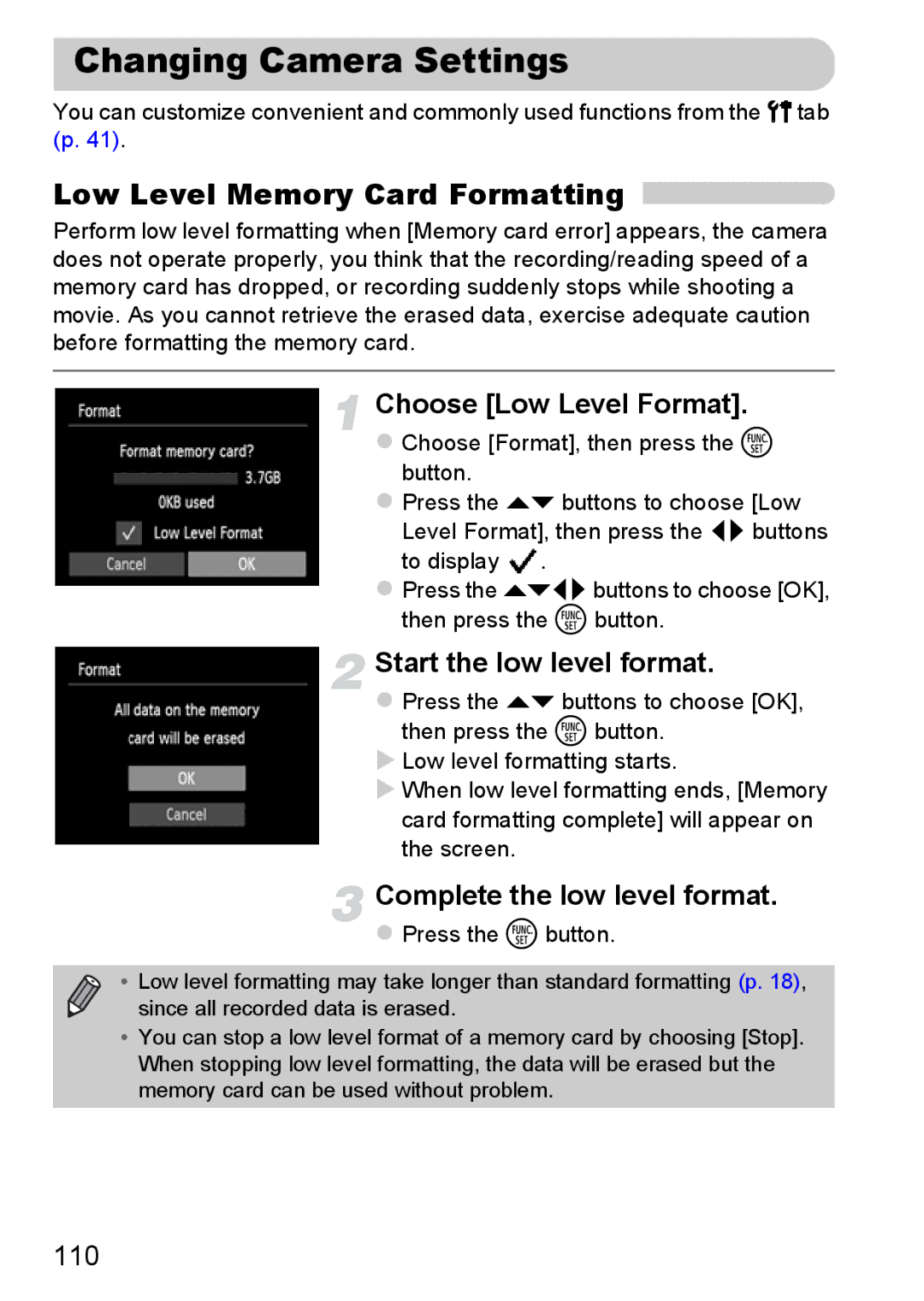 Canon A800 Changing Camera Settings, Low Level Memory Card Formatting, Choose Low Level Format, Start the low level format 