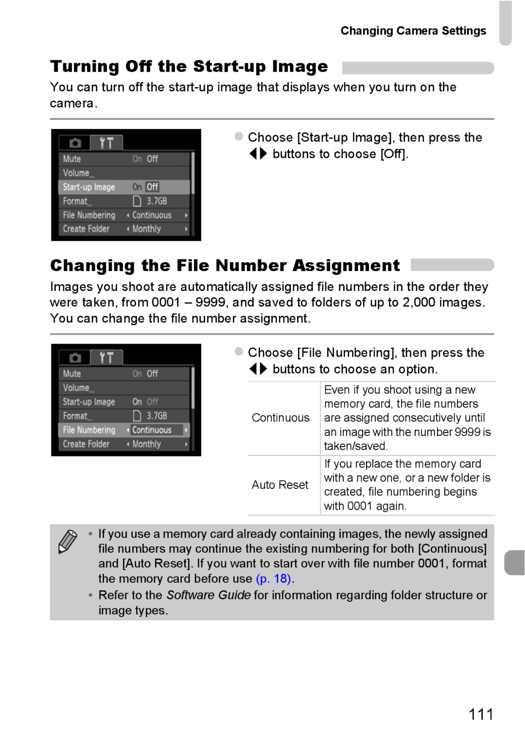 Canon A800 manual Turning Off the Start-up Image, Changing the File Number Assignment, Changing Camera Settings 