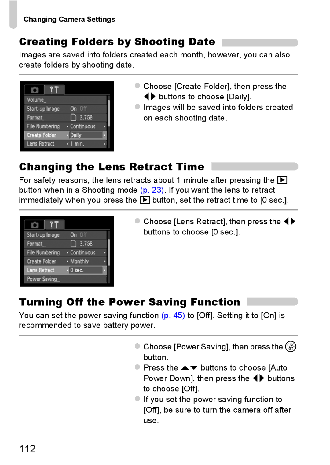 Canon A800 manual Creating Folders by Shooting Date, Changing the Lens Retract Time, Turning Off the Power Saving Function 