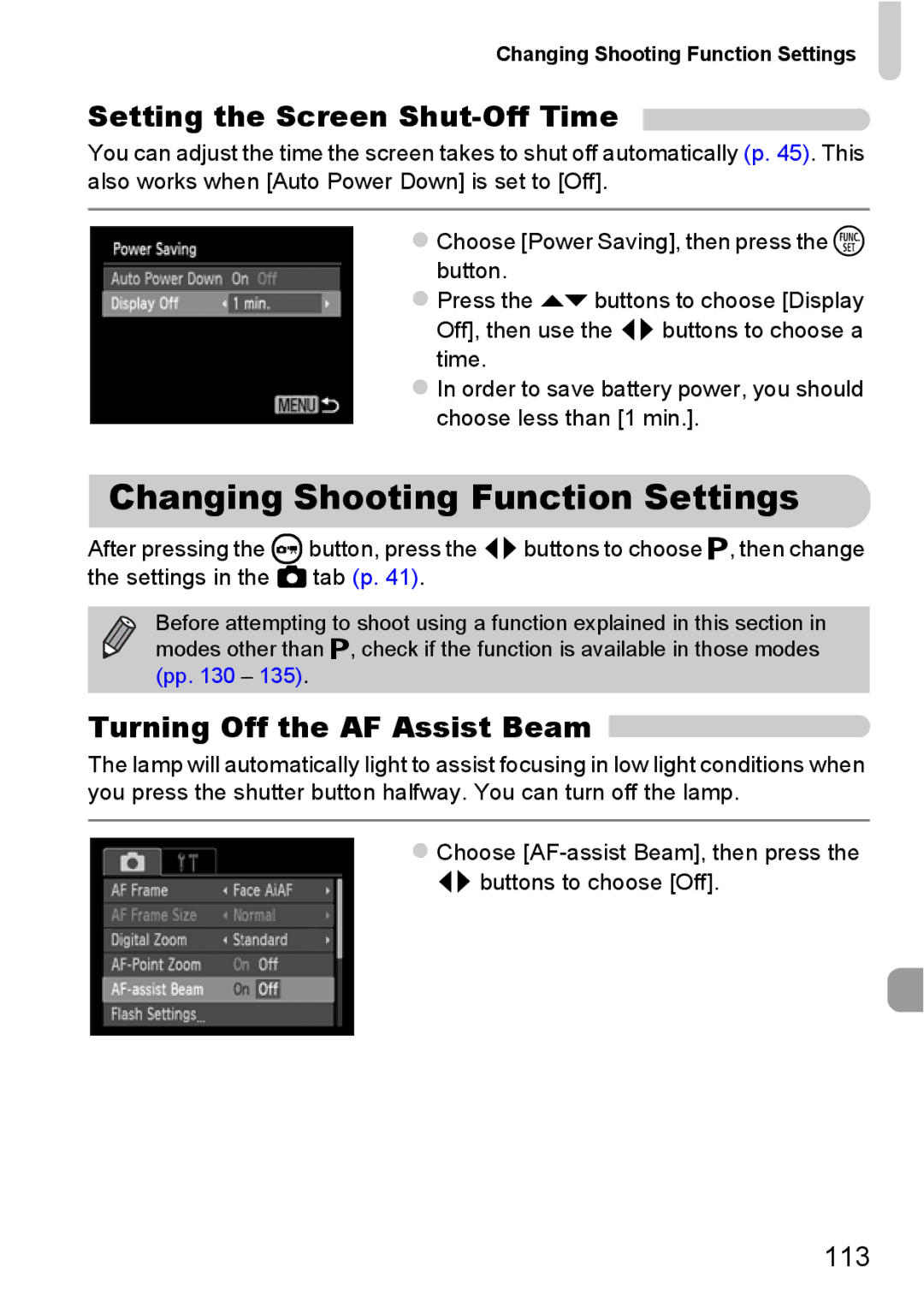 Canon A800 manual Changing Shooting Function Settings, Setting the Screen Shut-Off Time, Turning Off the AF Assist Beam 