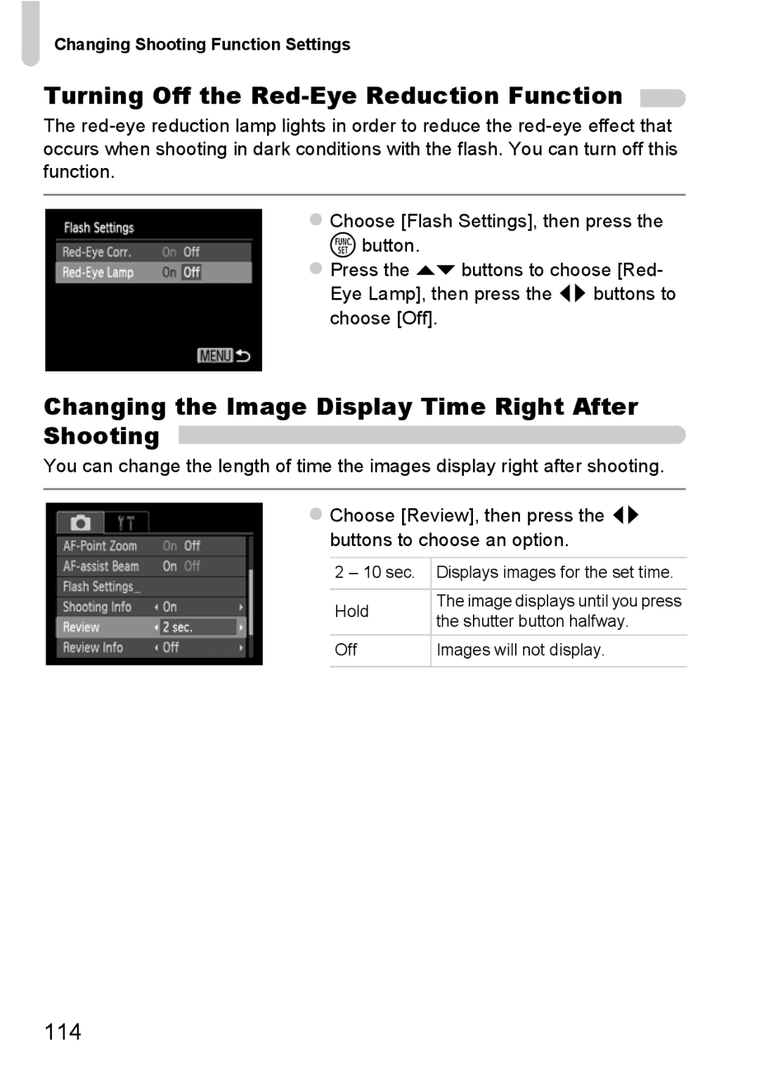 Canon A800 manual Turning Off the Red-Eye Reduction Function, Changing the Image Display Time Right After Shooting 