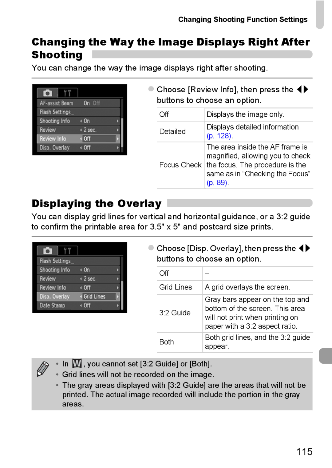 Canon A800 manual Displaying the Overlay, Changing the Way the Image Displays Right After Shooting 