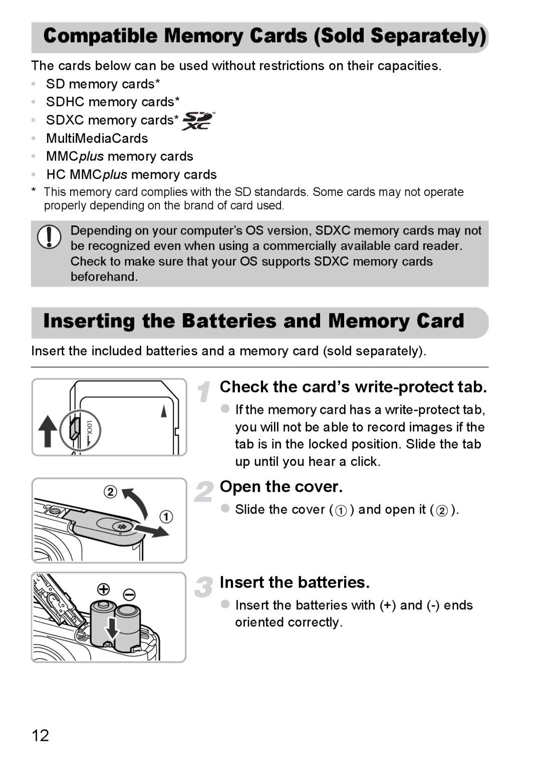 Canon A800 manual Compatible Memory Cards Sold Separately, Inserting the Batteries and Memory Card, Open the cover 