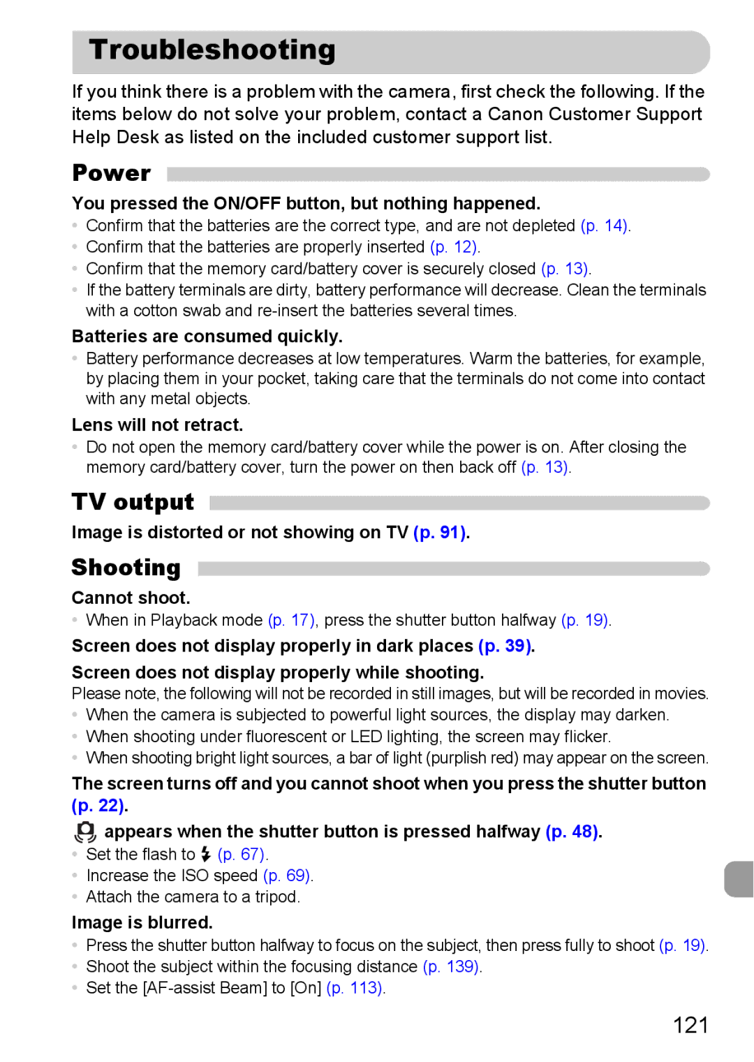 Canon A800 manual Troubleshooting, Power, TV output 