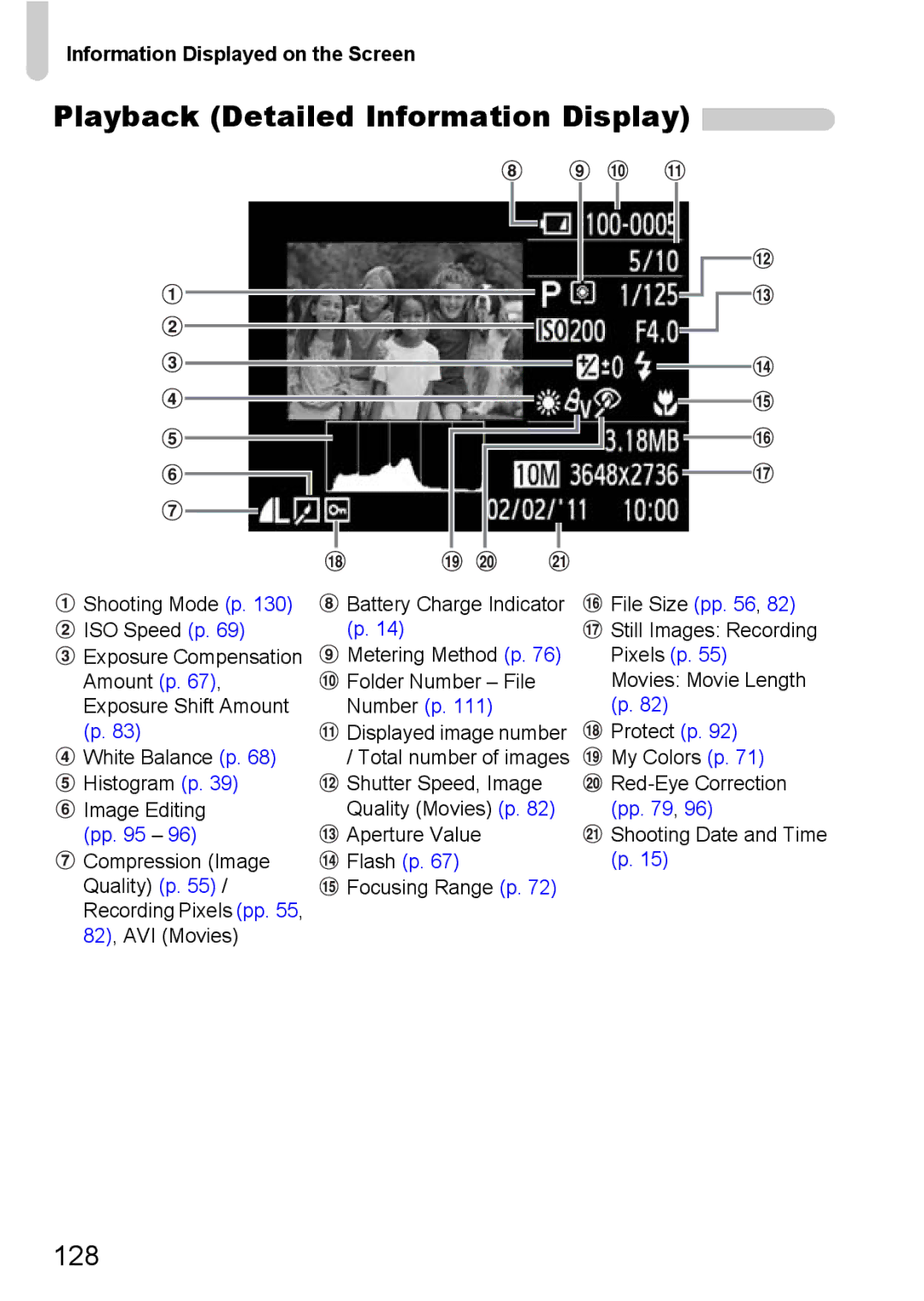 Canon A800 manual Playback Detailed Information Display, Number p 