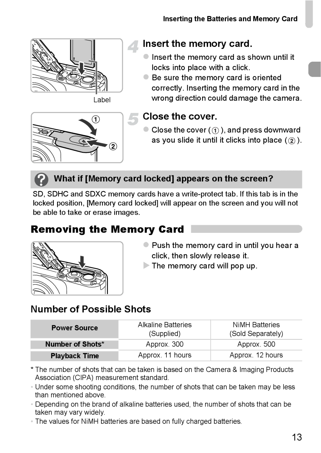 Canon A800 manual Removing the Memory Card, Insert the memory card, Close the cover, Number of Possible Shots 