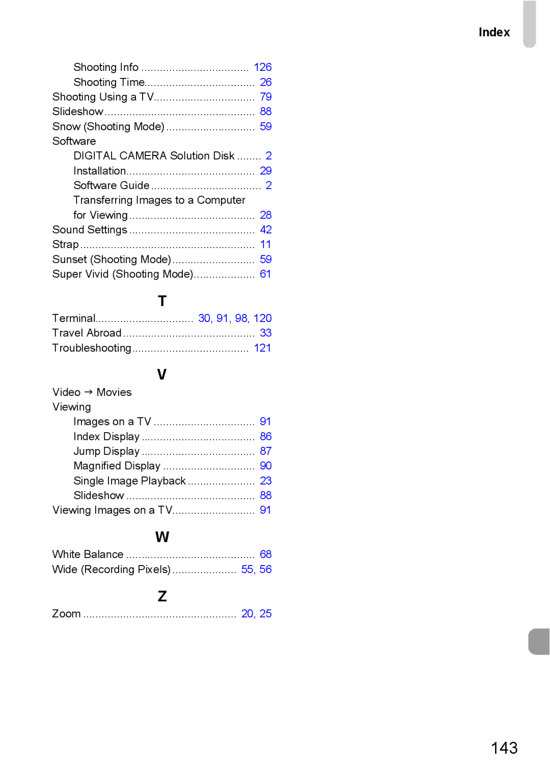 Canon A800 manual Index, Troubleshooting 121 Video J Movies Viewing 