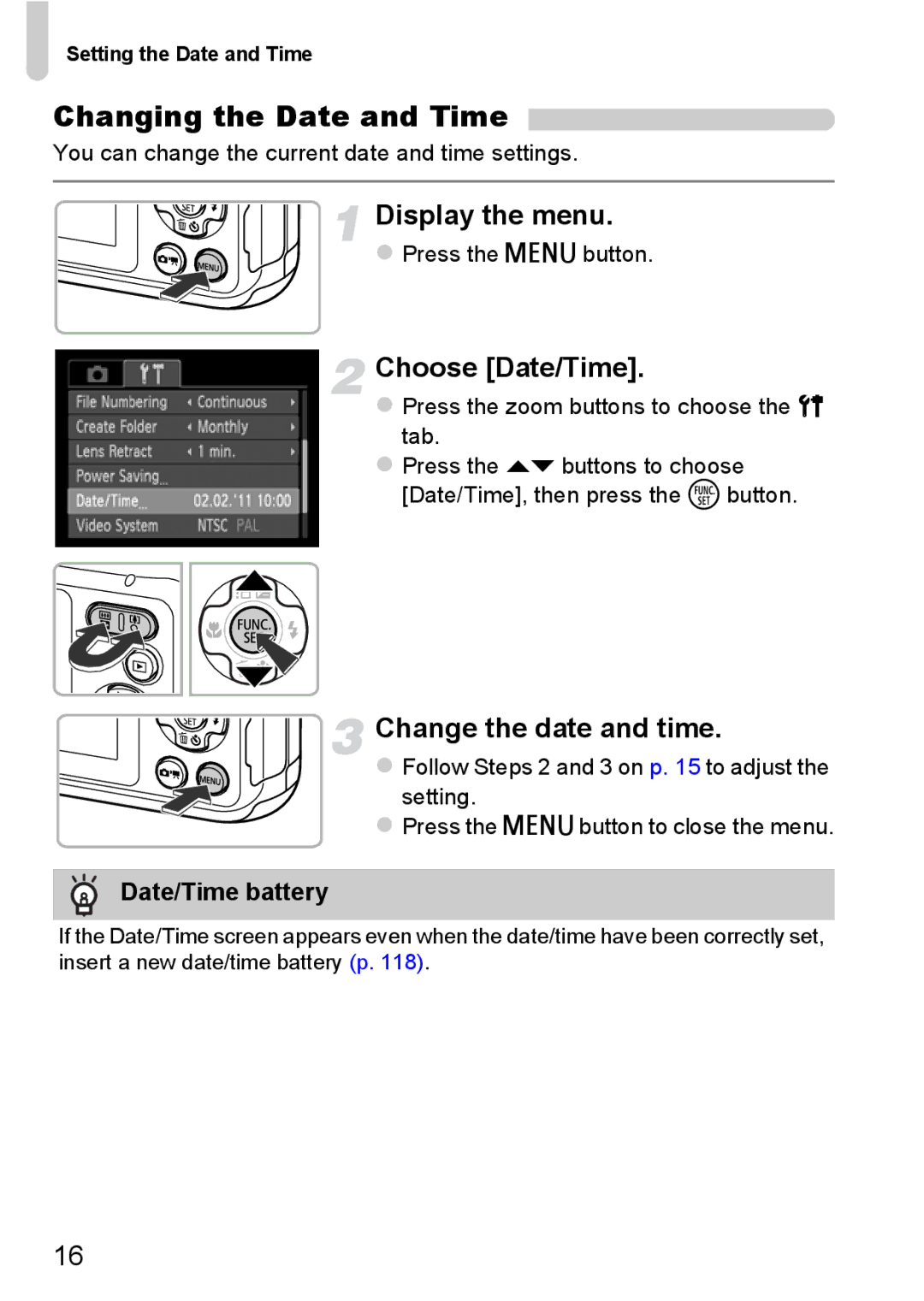 Canon A800 Changing the Date and Time, Display the menu, Choose Date/Time, Change the date and time, Date/Time battery 