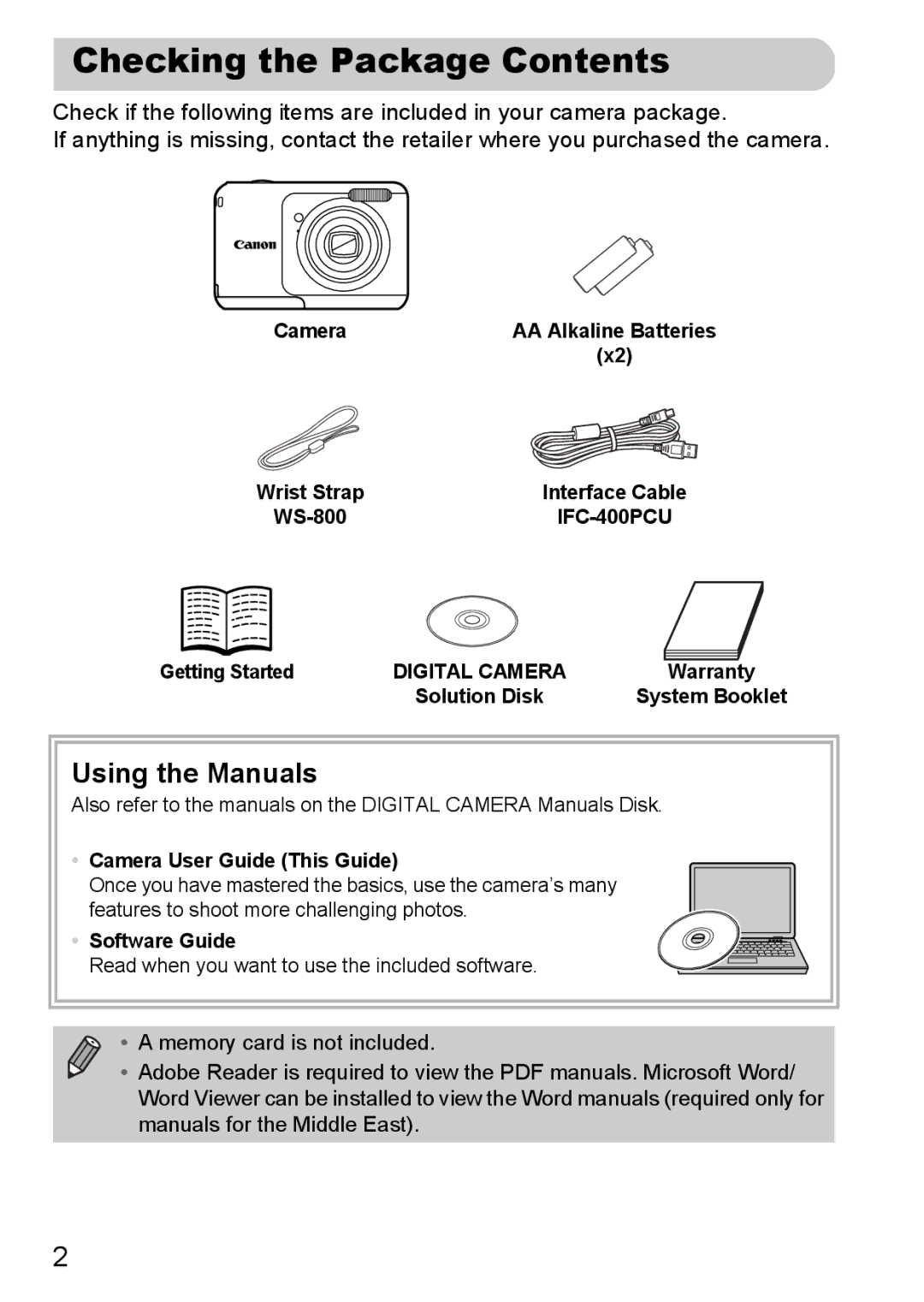 Canon A800 manual Checking the Package Contents 