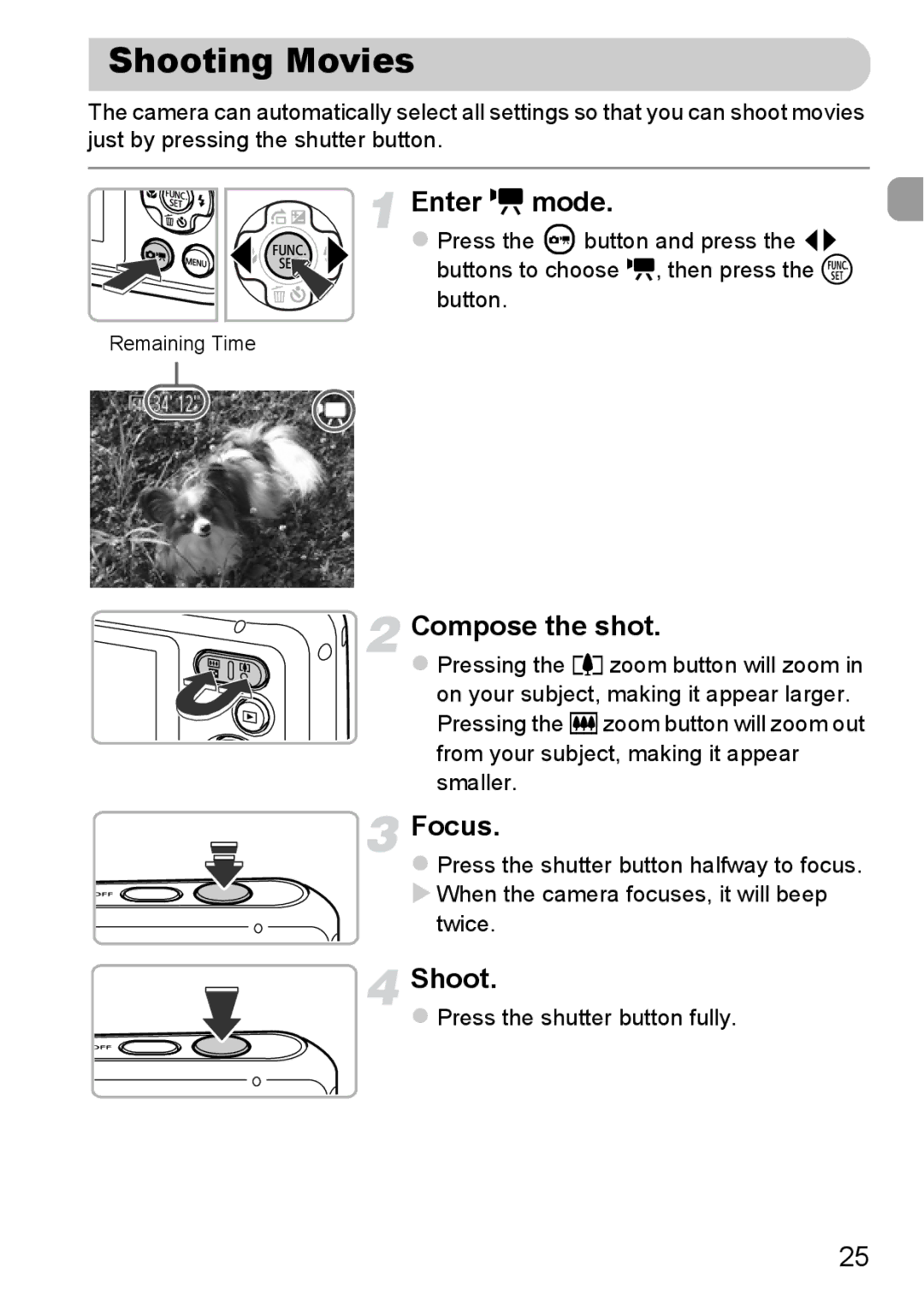 Canon A800 manual Shooting Movies, Enter E mode 