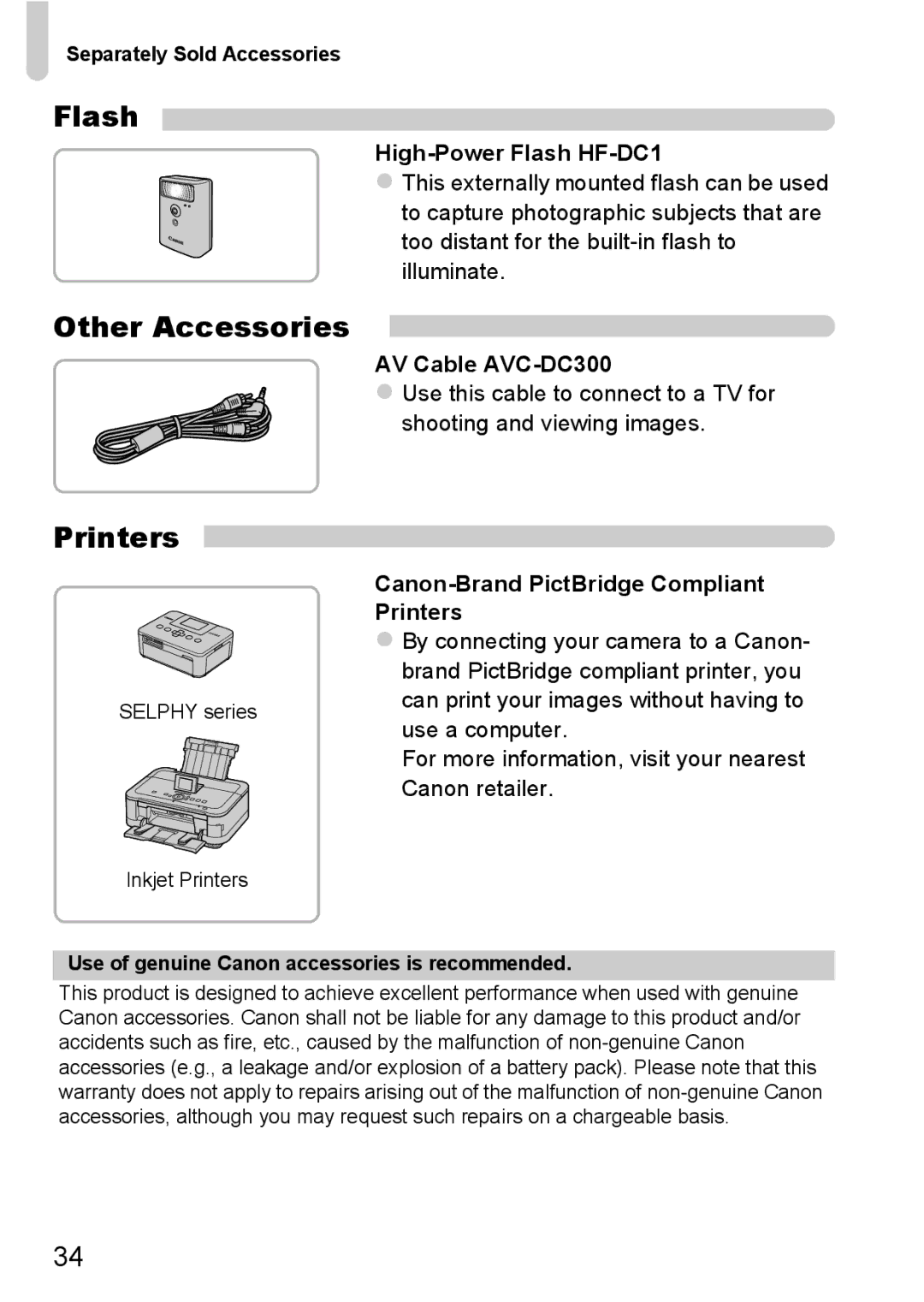 Canon A800 manual Flash, Other Accessories, Printers, Separately Sold Accessories 