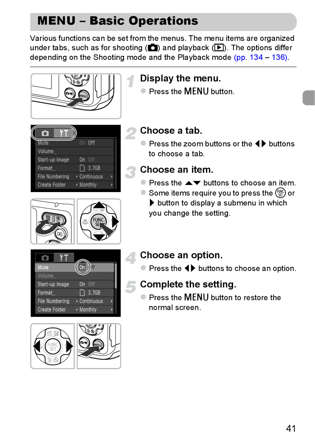 Canon A800 manual Menu Basic Operations, Choose a tab, Choose an item 