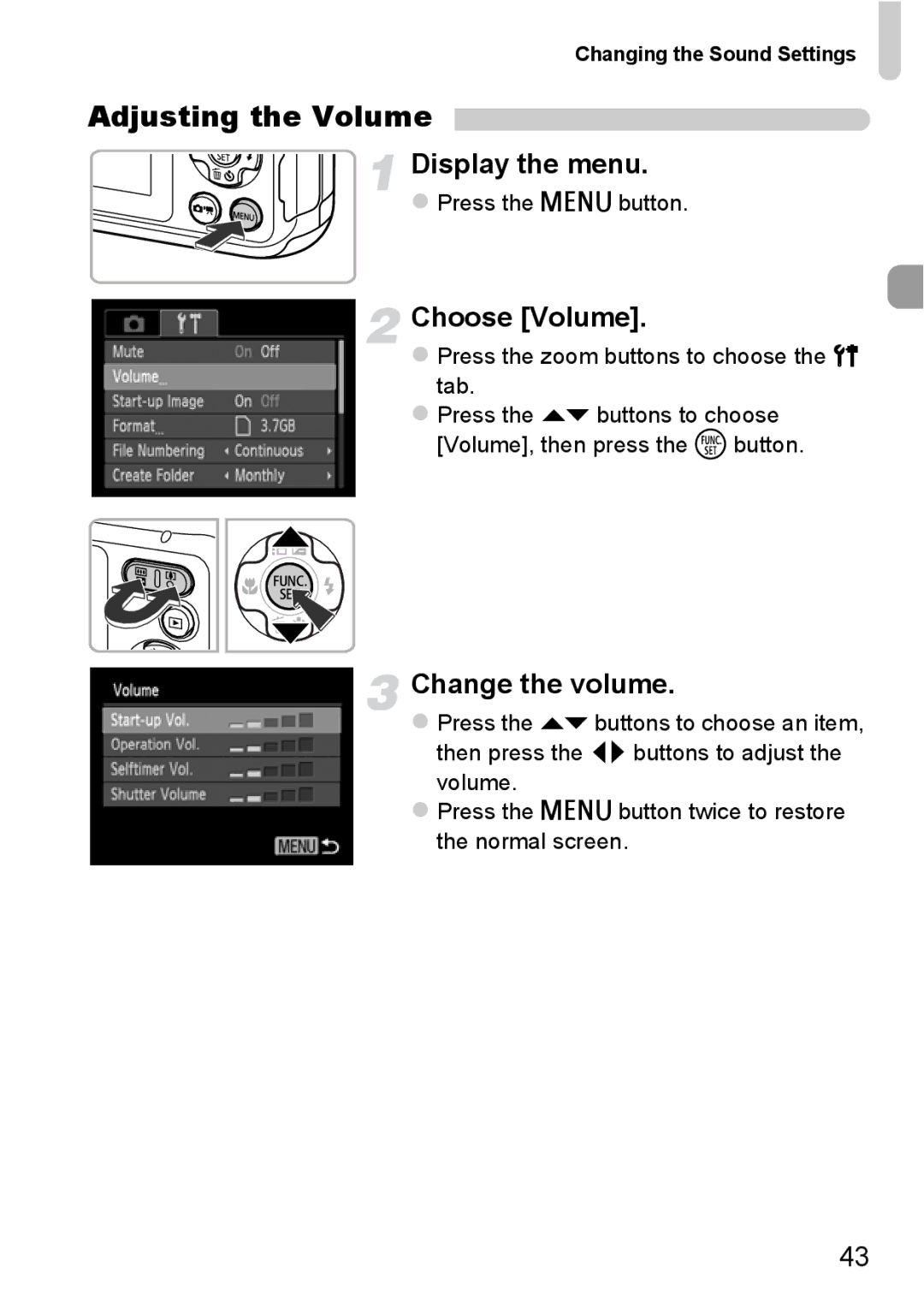 Canon A800 manual Adjusting the Volume, Choose Volume, Change the volume, Changing the Sound Settings 