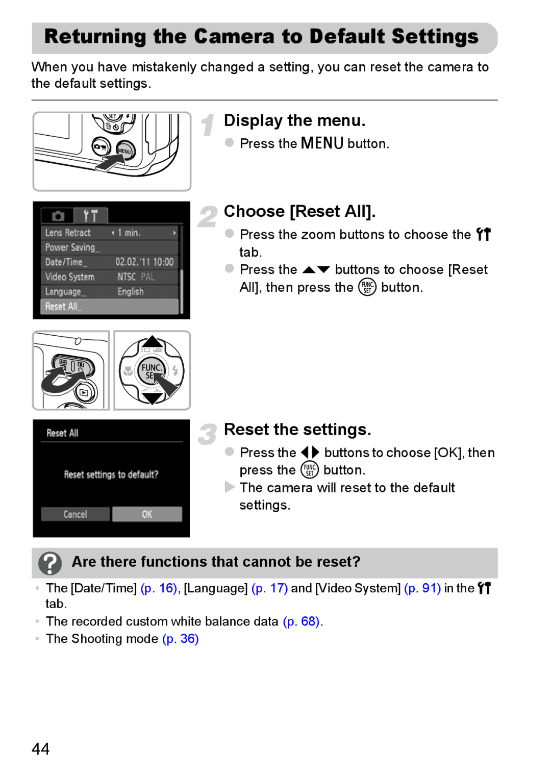 Canon A800 manual Returning the Camera to Default Settings, Choose Reset All, Reset the settings 