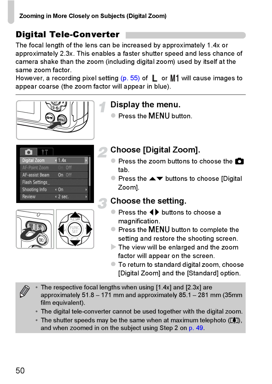 Canon A800 manual Digital Tele-Converter, Choose Digital Zoom, Choose the setting 