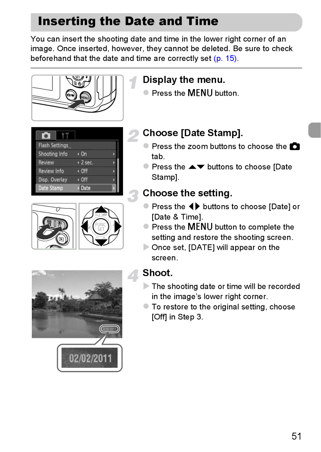 Canon A800 manual Inserting the Date and Time, Choose Date Stamp 